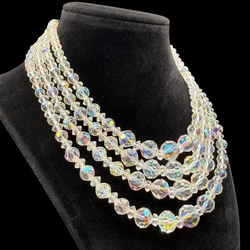 Vintage MCM Crystal Aurora Borealis 4 Strand Necklace Rhinestone neck - Picture 2 of 9